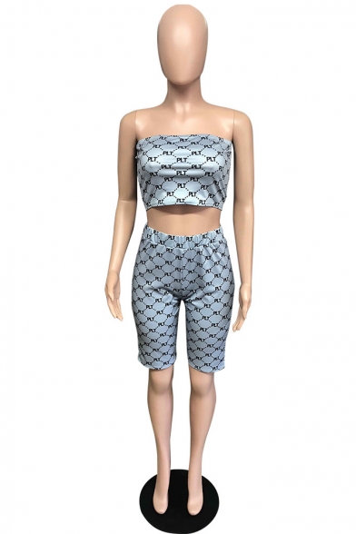 Womens Grey Logo Printed Crop Slim Bandeau Top with Fitted Bermuda Shorts Two-Piece Set