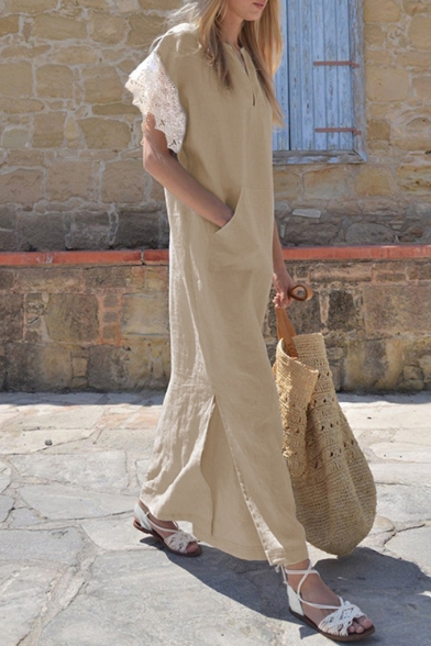 Womens Hot Trendy Lace-Trimmed Sleeve Split Side Plain Maxi Linen Dress