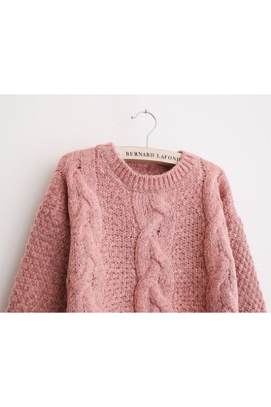 Womens Lovely Plain Cable Knit Round Neck Long Sleeve Sweater