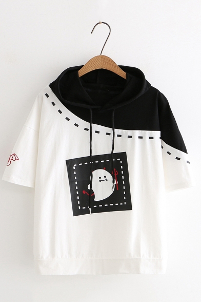 Womens Short Sleeve Cartoon Printed Colorblock Patch Casual Loose Hooded T Shirt