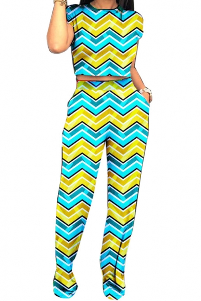 Womens Stylish Stripe Camo Printed Short Sleeve Crop Tee with Pants Two-Piece Set