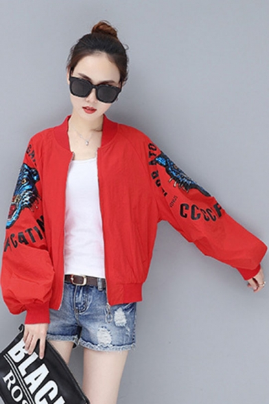 Womens Trendy Letter Sequined Tiger Long Sleeve Zip Up Baseball Jacket