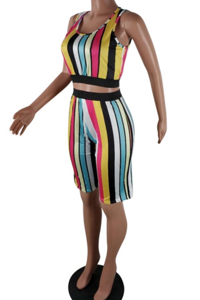 Womens Trendy Rainbow Stripe Printed Scoop Neck Crop Tank with Skinny Half Shorts Two-Piece Set