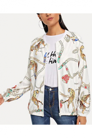 Allover Tiger Chain Pattern Stand Collar Long Sleeve White Zip Up Jacket