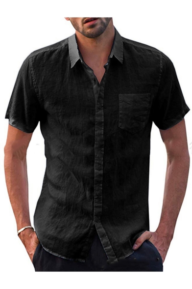 Basic Simple Plain Men's Button-Up Short Sleeve Linen Shirt
