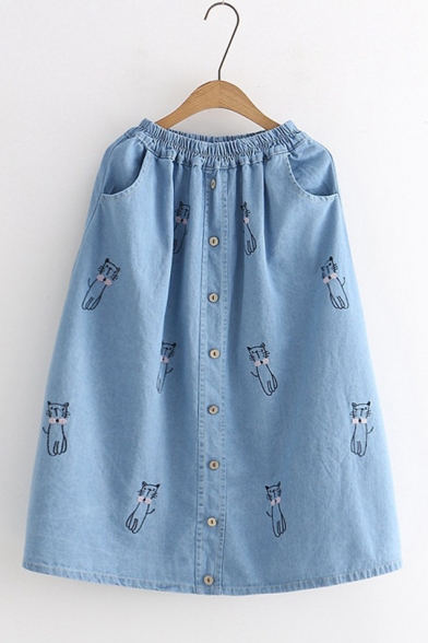 Blue Cat Embroidered Elastic Waist Casual Loose Midi Denim Skirt with Pocket