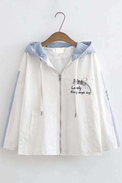 Cartoon Cat Embroidery Long Sleeve Hooded Zip Up Sport Loose Jacket