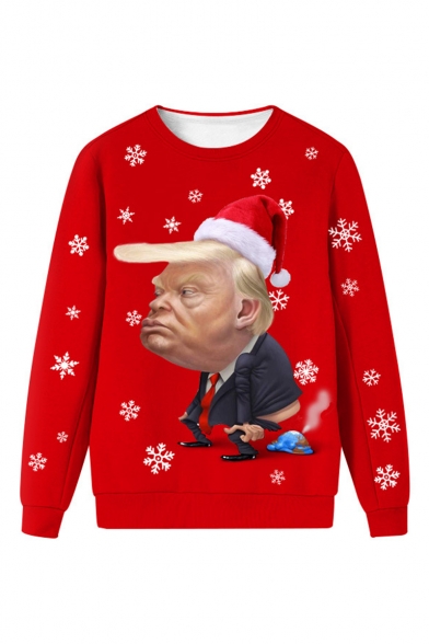 Christmas New Fashion Funny Trump Snowflake 3D Printed Round Neck Long Sleeve Red Sweatshirt
