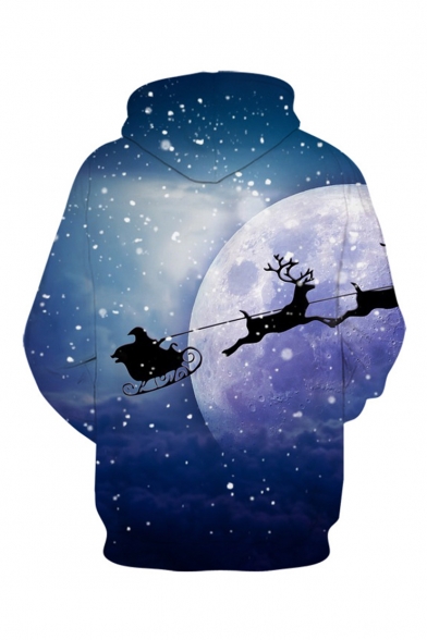Christmas New Fashion Snowflake Elk 3D Printed Blue Long Sleeve Pullover Casual Loose Hoodie