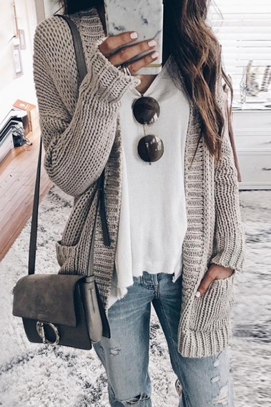 Classic Casual Plain Ribbed Knit Open Front Longline Cardigan with Pockets