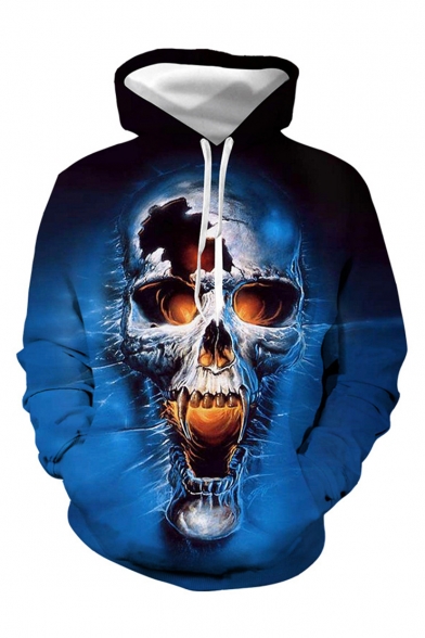Cool Fashion Blue Skull 3D Printed Drawstring Hooded Long Sleeve Casual Loose Pullover Hoodie