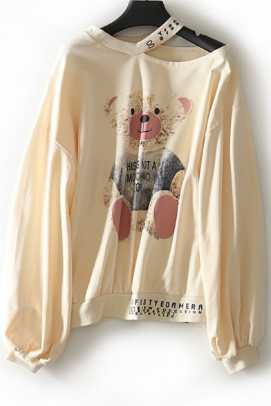 Cute Cartoon Teddy Bear Letter Printed Cold Shoulder Long Sleeve Casual Sweatshirt
