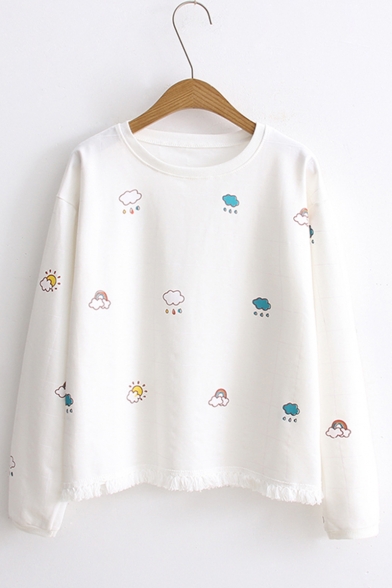 Cute Clouds Check Print Round Neck Long Sleeve Tassel Embellished Hem Pullover Sweatshirt