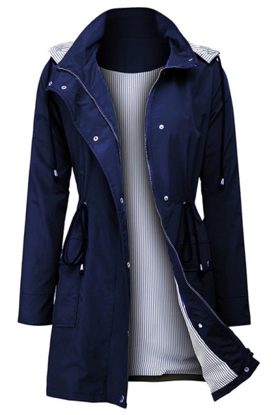Drawstring Waist Waterproof Zip Closure Hooded Long Trench Coat with Pockets