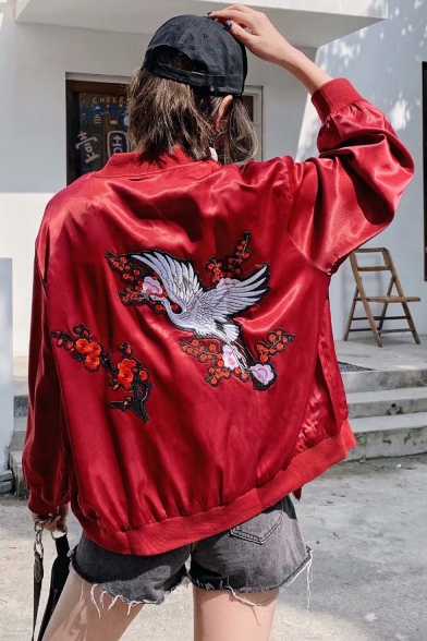 Embroidery Crane Printed Stand Up Collar Zip Up Red Easy Fit Baseball Jacket Coat