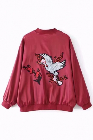 Embroidery Crane Printed Stand Up Collar Zip Up Red Easy Fit Baseball Jacket Coat