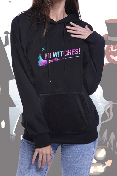 Fashion Halloween Cartoon HI WITCHES Letter Printed Black Loose Fit Hoodie