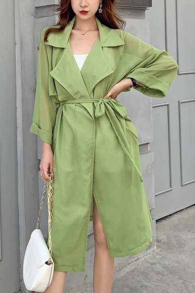 Fashion Notched Lapel Collar Tied Waist Solid Color Chiffon Long Sun Protection Trench Coat