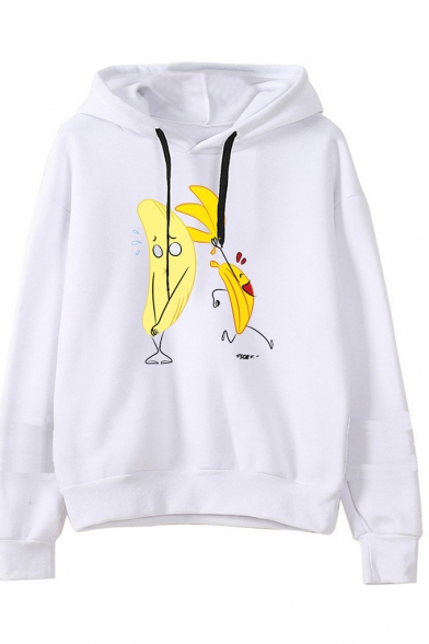 Funny Banana Printed Long Sleeve Loose Casual White Pullover Hoodie