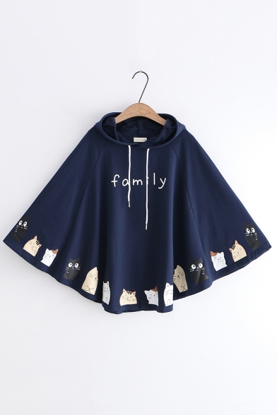 Funny Cartoon Cat Printed Letter FAMILY Loose Casual Cape Hoodie