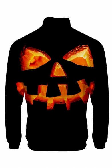 Funny Halloween Pumpkin Pattern Rib Stand Collar Long Sleeve Black Baseball Jacket For Men
