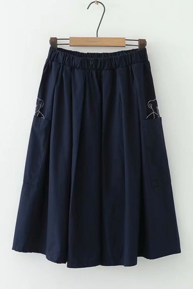 Girls Basic Elastic Waist Cute Bear Print Midi A-line Skirt