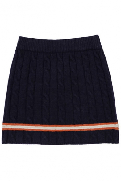 Girls Vintage High Rise Striped Trim Cable Knitted Mini Fitted Skirt