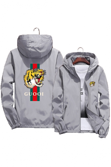 GUOOI Tiger Pattern Print Zipper Pockets Plain Hooded Zip Up Jacket Coat