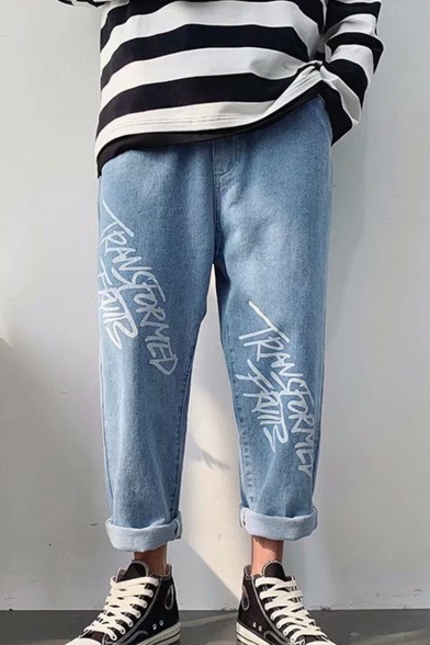 Guys New Fashion Letter Printed Straight Loose Fit Casual Jeans