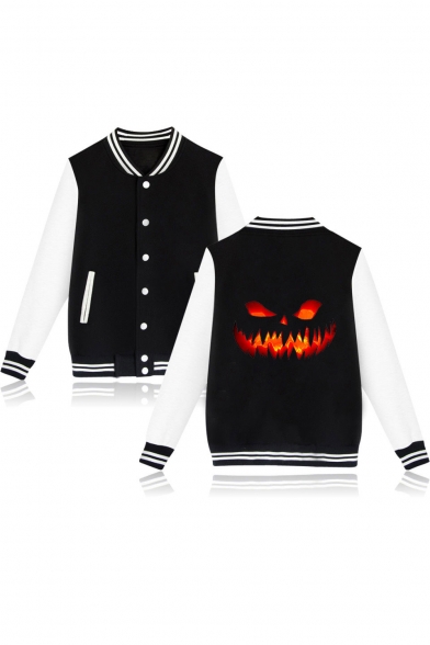 Guys Stylish Cool Halloween Fire Pumpkin Printed Stand Collar Long Sleeve Casual Baseball Jacket