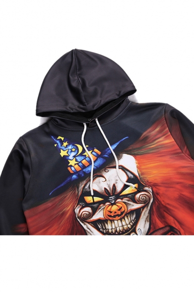 Halloween New Fashion Cool Skull Clown Printed Long Sleeve Black Drawstring Hoodie