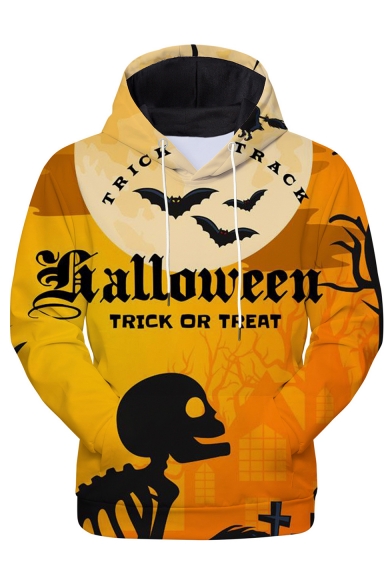 Halloween New Stylish Letter Skull Pumpkin Printed Long Sleeve Unisex Pullover Hoodie