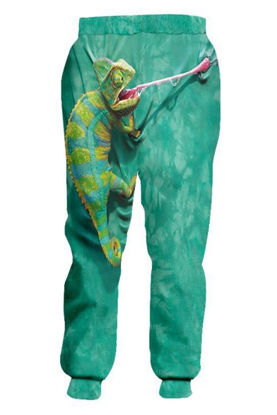 Hot Fashion Green Lizard 3D Printed Drawstring Waist Casual Loose Sweatpants