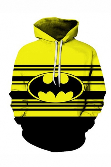 Hot Popular Contrast Stripe Bat 3D Printed Yellow Relaxed Fit Long Sleeve Drawstring Pullover Hoodie