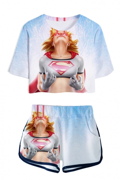 Hot Popular 3D Figure Printed Short Sleeve Crop Tee with Dolphin Shorts Two-Piece Set