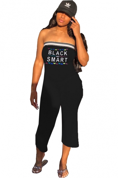 Hot Sexy Chic Strapless Sleeveless BLACK SMART Letter Geometric Printed Contrast Trim Rompers Jumpsuits