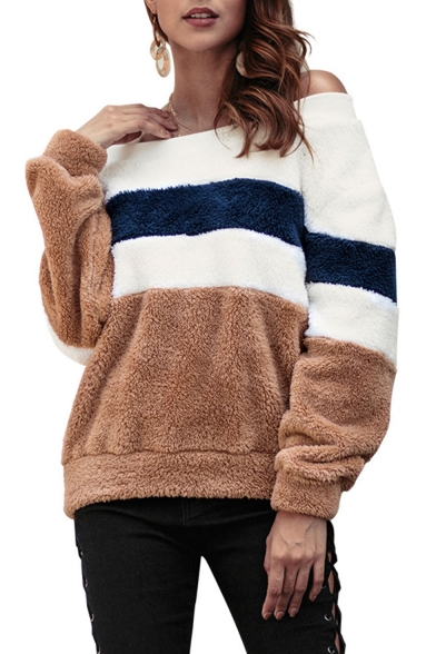 Hot Sexy Off Shoulder Long Sleeve Colorblock Striped Printed Fluffy Fleece Pullover Sweatshirt
