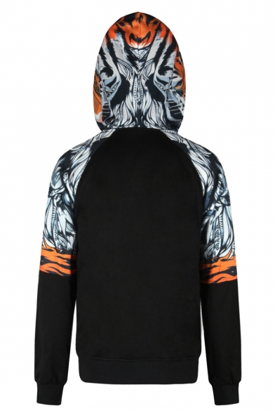 Hot Trendy Black Tiger Printed Long Sleeve Casual Loose Warming Hoodie with Pocket