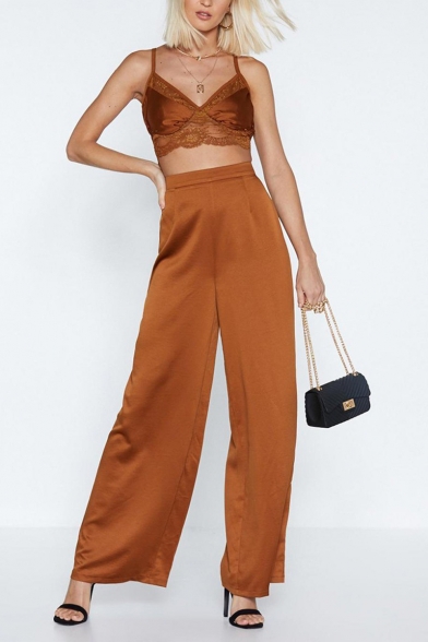 Hot Trendy High Waist Solid Color Brown Wide-Leg Pants