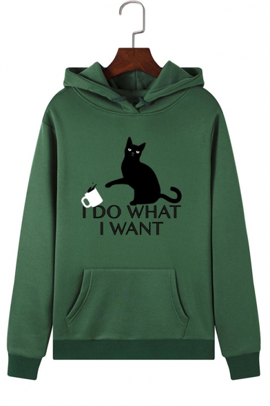 I DO WHAT I WANT Letter Cat Printed Long Sleeve Pocket Pullover Hoodie