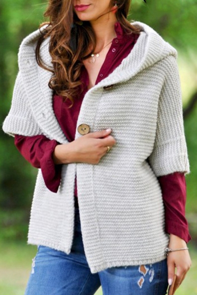 Ladies Plain Half Sleeve Open Front Button Hoodie Ribbed Knit Cardigan