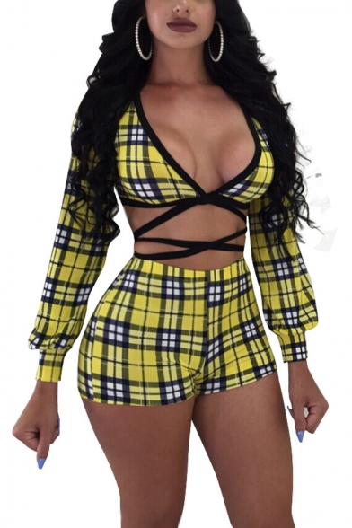 Ladies Yellow Plaid Print V Neck Long Sleeve Side-Tie Tops with Skinny Shorts Two Piece Set