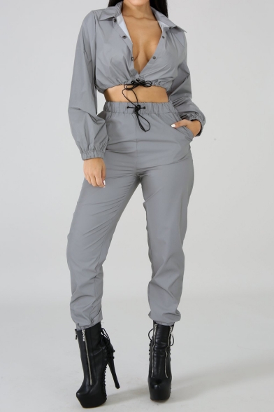 Long Sleeve Button Front Cropped Coat with Drawstring Waist Pants Plain Sexy Co-ords