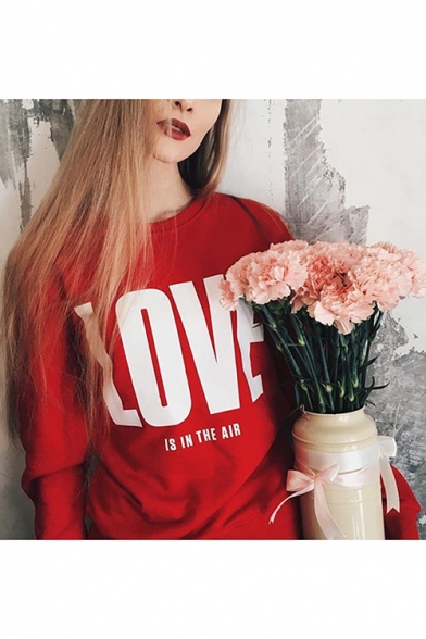 LOVE IS IN THE AIR Letter Print Round Neck Long Sleeve Pullover Sweatshirt