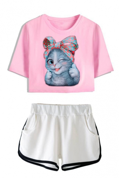 Lovely Cartoon Bow Cat Printed Short Sleeve Crop Tee with Dolphin Shorts Two-Piece Set