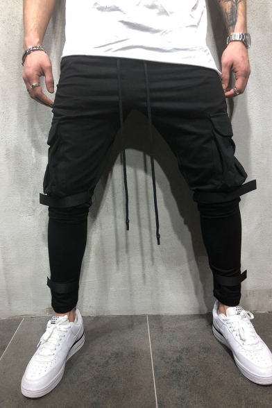 Men's Fashion Flap Pocket Side Velcro Tape Design Simple Plain Drawstring Waist Slim Sports Pencil Pants