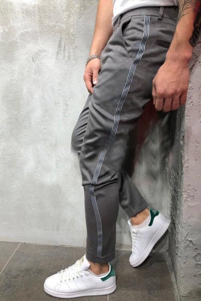 Men's Hot Fashion Contrast Stripe Side Grey Casual Slim Pencil Pants
