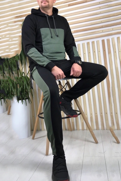 Men's New Fashion Colorblock Patched Long Sleeve Drawstring Hoodie Sports Sweatpants Casual Two-Piece Set