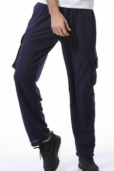 Men's New Fashion Simple Plain Loose Fit Drawstring Waist Cotton Sweatpants with Side Pockets