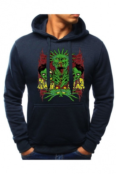 Men's Popular Fashion Cool Zombie Printed Drawstring Hooded Long Sleeve Casual Sports Hoodie with Pocket